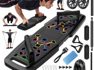 MQRW Push Up Board,Home Gym,Portable Exercise Equipment,Pilates Bar and 20 Fitness Accessories with Resistance Bands and Ab Roller Wheel,Full Body Workout at Home