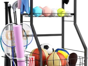 DUDUXI Sports Equipment Garage Organizer,Garage Ball Storage Rack for Sports with Wheels-Upgraded 3 Layers Sports Organizer Rack Outdoor Basketball Racks for Balls with Holder and Hooks