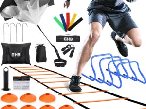 GHB Agility Ladder,Football Training Equipment Set,4 Agility Hurdles, 20 feet12 Rungs Speed Ladder,12 Disc Cones,Resistance Parachute, Jump Rope, 5 Resistance Bands