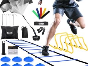 GHB Agility Ladder,Football Training Equipment Set,4 Agility Hurdles, 20 feet12 Rungs Speed Ladder,12 Disc Cones,Resistance Parachute, Jump Rope, 5 Resistance Bands