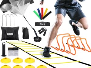 GHB Agility Ladder,Football Training Equipment Set,4 Agility Hurdles, 20 feet12 Rungs Speed Ladder,12 Disc Cones,Resistance Parachute, Jump Rope, 5 Resistance Bands