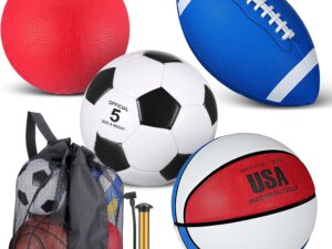 Lenwen 4 Pcs Sports Balls Set for Teen Adult, Include Official Size Basketball Soccer Football Playground Ball Pump Equipment Bag Ball Gifts Back to School