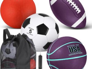 Lenwen 4 Pcs Sports Balls Set for Teen Adult, Include Official Size Basketball Soccer Football Playground Ball Pump Equipment Bag Ball Gifts Back to School