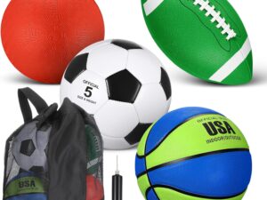 Lenwen 4 Pcs Sports Balls Set for Teen Adult, Include Official Size Basketball Soccer Football Playground Ball Pump Equipment Bag Ball Gifts Back to School