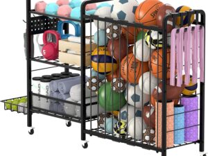 DUDUXI Sports Equipment Garage Organizer,Garage Ball Storage Rack for Sports with Wheels-Upgraded 3 Layers Organizer Rack Outdoor Basketball Racks for Balls with Holder and Hooks (Deep Black)