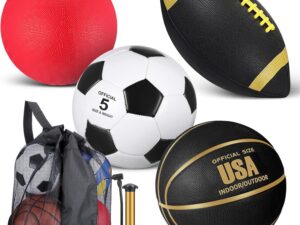 Lenwen 4 Pcs Sports Balls Set for Teen Adult, Include Official Size Basketball Soccer Football Playground Ball Pump Equipment Bag Ball Gifts Back to School