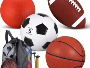 Lenwen 4 Pcs Sports Balls Set for Teen Adult, Include Official Size Basketball Soccer Football Playground Ball Pump Equipment Bag Ball Gifts Back to School